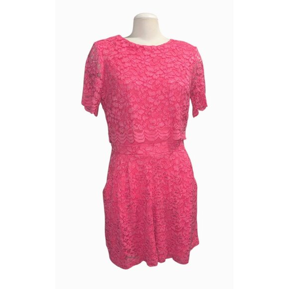 Taylor Womens Hot Pink Floral Lace Overlay Dress Size 10 Short Sleeves Crew Neck - Picture 5 of 16
